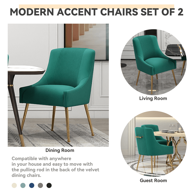 SEYNAR Modern Velvet Dining Chairs Pleated Vanity Chair Set of 4 with Glod Legs for Living Room,Deep Green