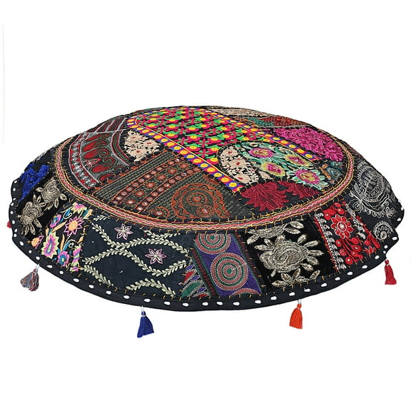 Stylo Culture Ethnic Floor Pillow Cushion Vintage Patchwork Cover Black 40x40 Inch Giant Decorative Round Decor Seating Tuffet Seat Pouf Cover Footstool Cotton Embroidered 1 Pc