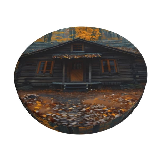 Disketp Rustic Cabin Autumn Forest Funda Redonda para Taburete, Funda de Cojín para Silla de Bar Suave y Elástica-13 inch