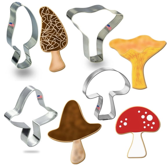 Foose Cookie Cutters Mushroom 4 Pc Set. USA Tin Plate Steel. 4 in Morel, 3.25 in Chanterelle, 3.25 in Shitake, and 3.25 in Button