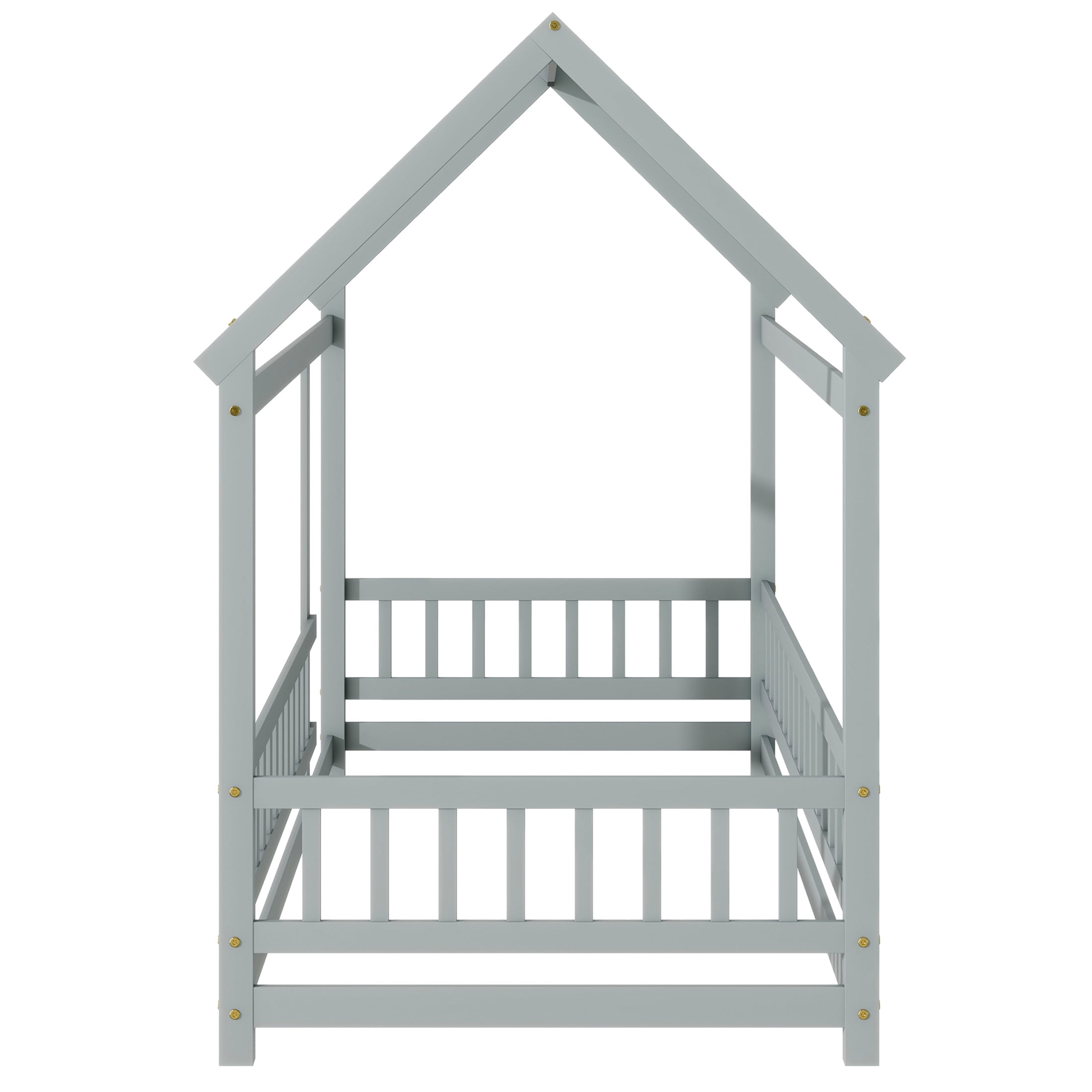 Noble House Gaiety Twin Size House Floor Bed for Kids, Rubber Wood Frame with Roof and Fence Guardrails, Grey