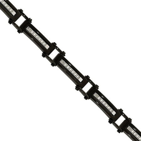 Primal Steel CZ Stainless Steel Polished Black IP Link Bracelet, .50 Extender