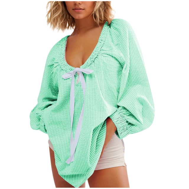 Pisexur Hauts pour Femmes Mode Chemises à Rayures à Manches Longues pour Femmes Décontractées Chic Col Rond Chemises à Cordon Confort Amples Hauts de Sortie Blouses