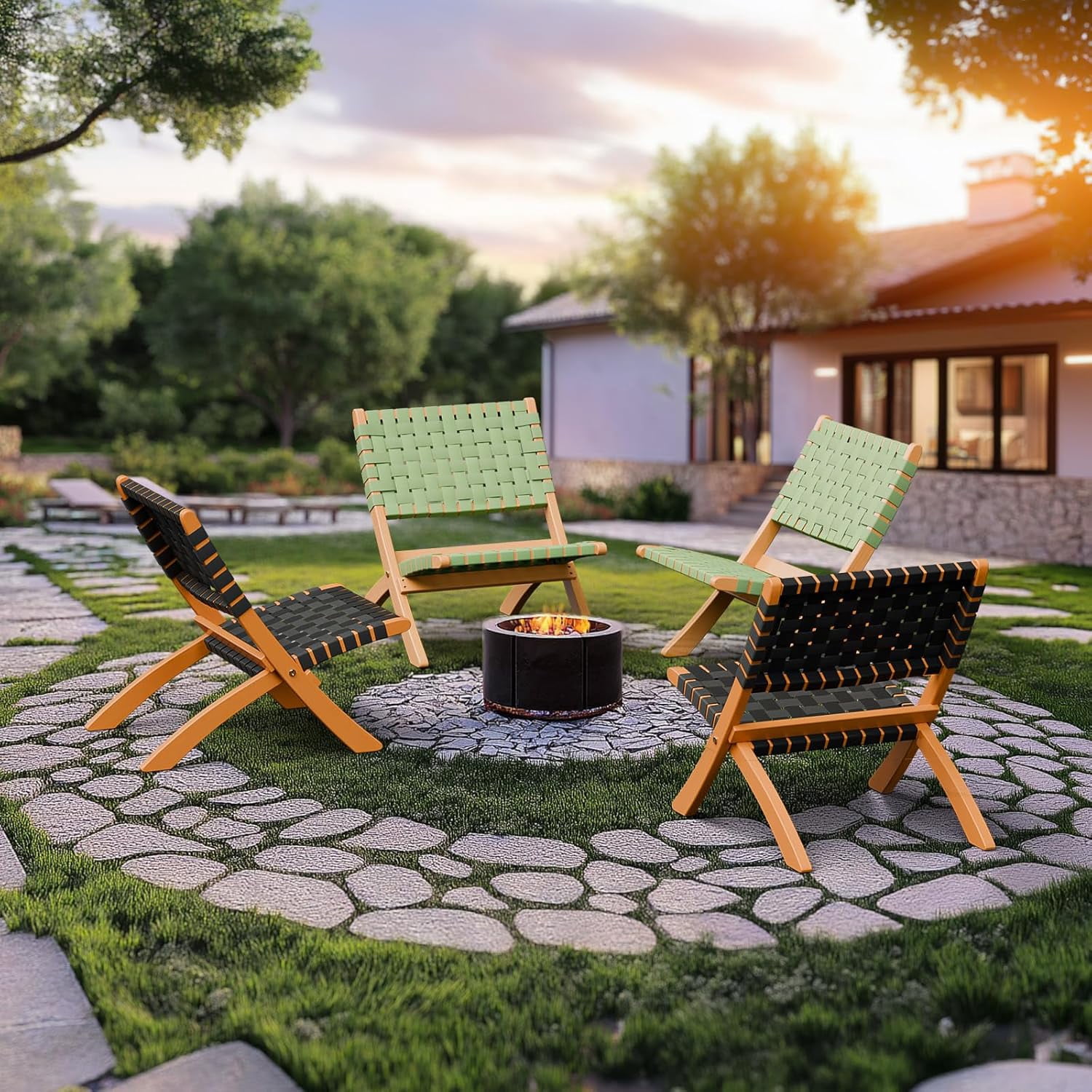 WLTER Wooden Outdoor Chairs, Portable Rattan Folding Chair with Low Webbing Seat and Backrest, Adirondack Chairs, Ideal for Patio, Lawn, Garden, Fishing, Black, 1 Pack