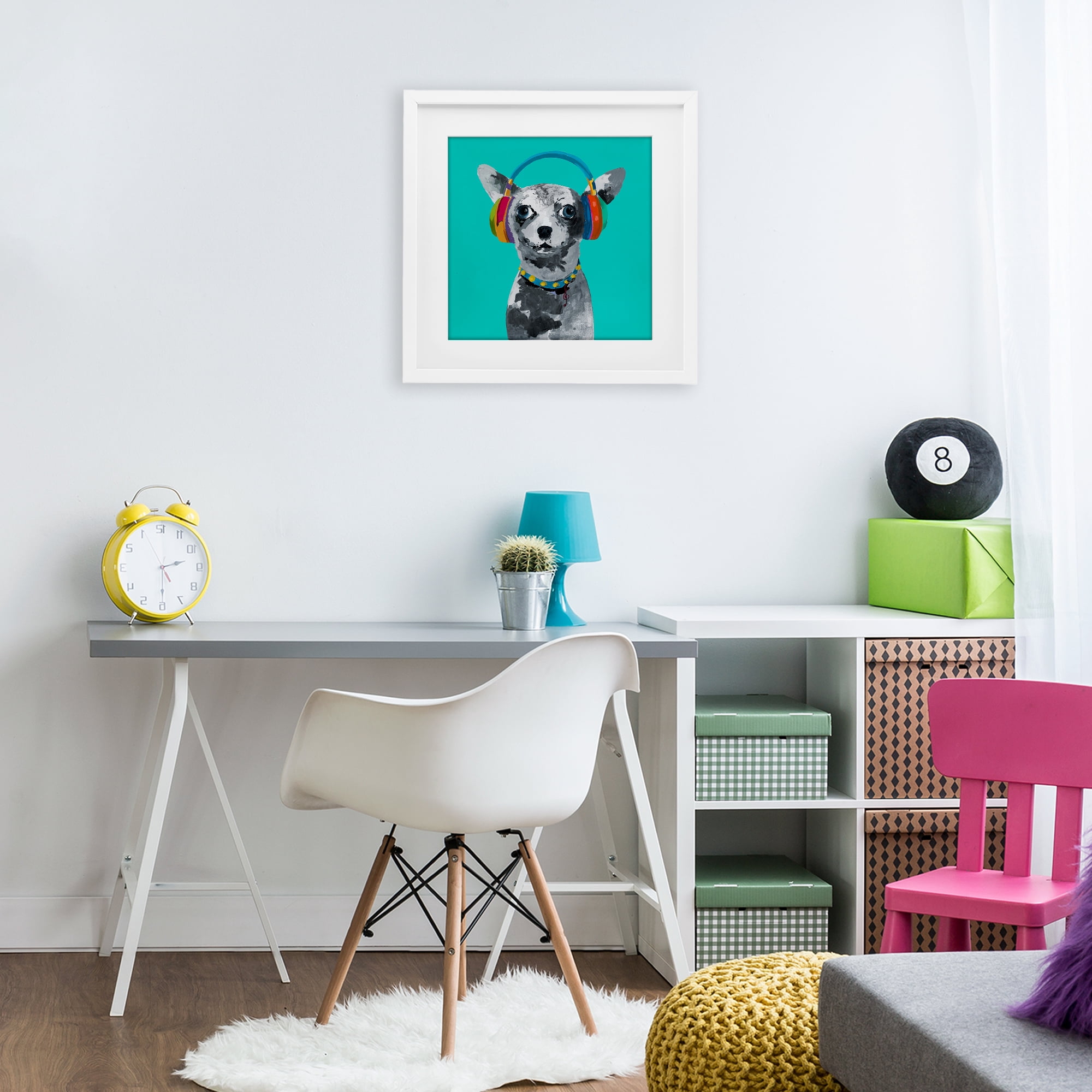 Stupell Industries Jammin' Pup on Blue White Framed Print Under Glass, design by Lorenzo Collective