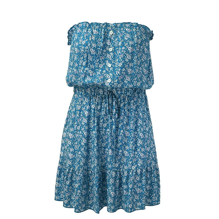 Woxinda Strapless Dress for Women Summer Beach Smocked Sundress Top Dress Cotton Maxi Dresses for Women Teen Summer Dresses, Girl's, Size: XL, Blue