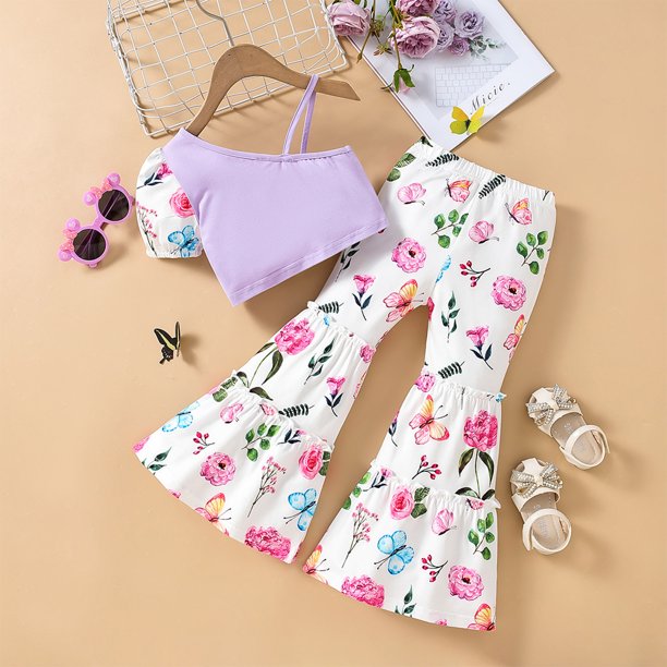 Pantalones Conjunto de verano con estampado floral y pantalones acampanados para niñas pequeñas (púrpura 2T) Cgtredaw Púrpura T 2-3 años Única para Niña