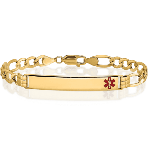 14K Solid Yellow Gold Medical Alert Figaro Link Name Bar Identification ID Bracelet