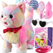 Colorful Leash Walking Cat Set Interactive Talking Cat Singing Dancing Kitten Mimicking Repeat What You Say Kitty Touch and Voice Control Nodding Wagging Tail Plush Electric Kitty for Kid Gril C80