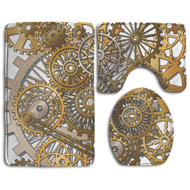 ABPHQTO Tema de ingeniería mecánica Steampunk dorado y marrón Juego de alfombras de baño de 3 piezas Alfombra de baño Alfombra de contorno y tapa de inodoro