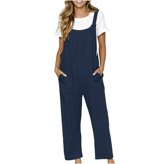 Combinaison en Coton et Lin pour Femmes, Mode Décontractée, Sans Manches, Col Carré, Poches Larges, Boutons, Marine, TTTG