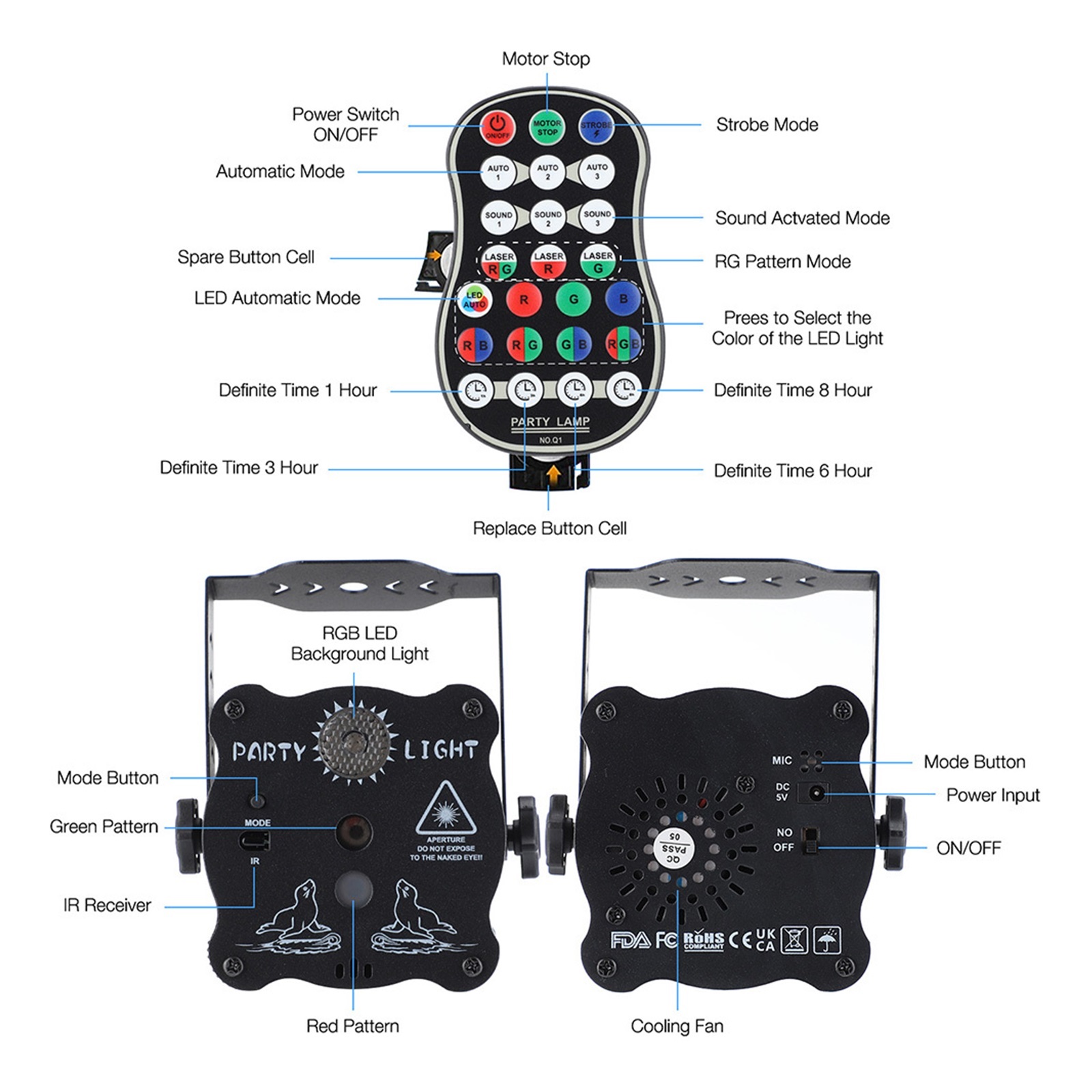 Party DJ Disco Light USB Rechargeable RGB LED Strobe Stage Sound Activated Projector For Dance Birthday Wedding Bar Xmas