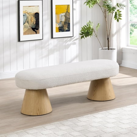 YWEN 49" Oval Dining Bench, Boucle Ottoman Bench, Large Dining Chair, Comfort Kitchen Seating, Comfort Long Footstool for Living Room Dining Room, No Assembly Needed, Beige