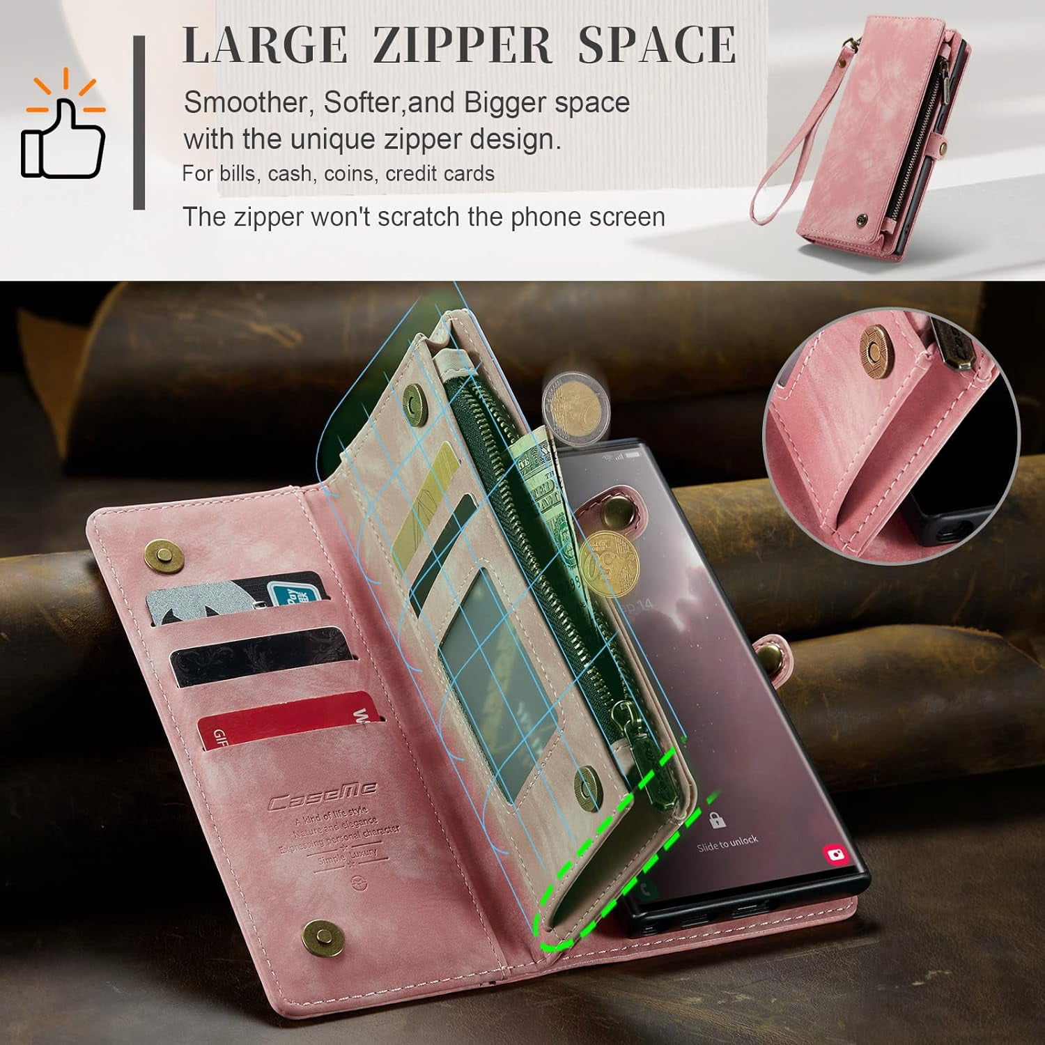 2 in 1 Detachable for Samsung Galaxy S23 Ultra Wallet Case with Card Holder, Retro Premium Flip Leather Cover  Zipper Pocket Phone Cases 6.8'' (Pink,S23 Ultra)