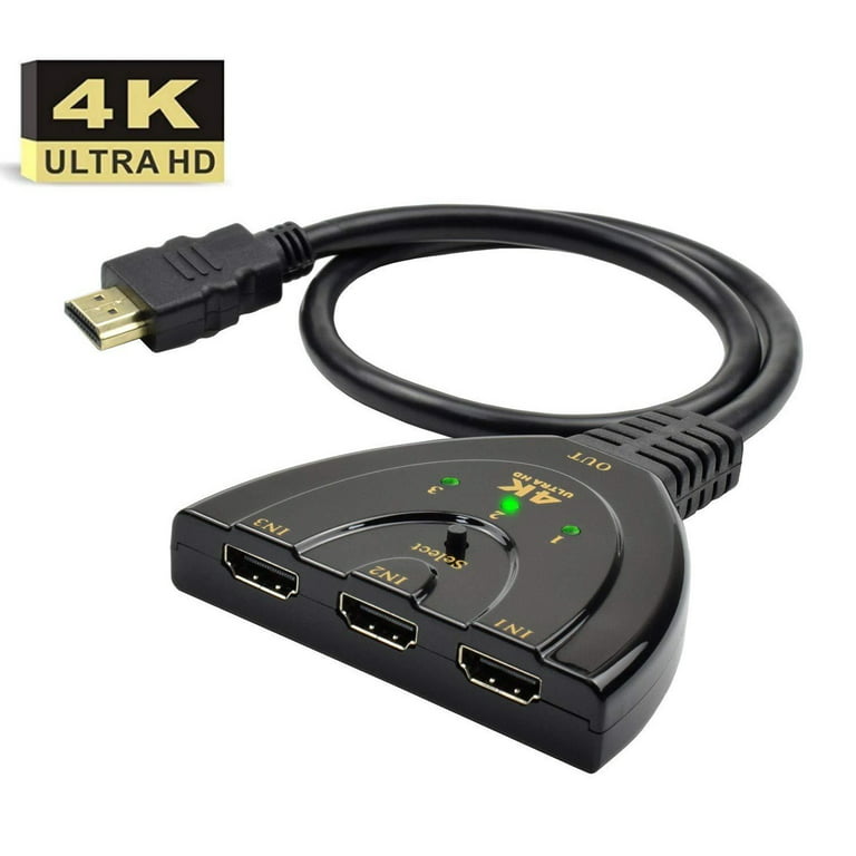 HDMI Switch, Gold Plated 3-Port HDMI Switcher, Splitter, Supports Full  HD1080p, 3D with High Speed Pigtail Cable