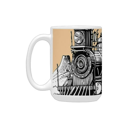

Steam Engine Vintage Wooden Train on Rails Wild West Wagon in Countryside Drawing Effect Artsy Peach Ceramic Mug (15 OZ) (Made In USA)