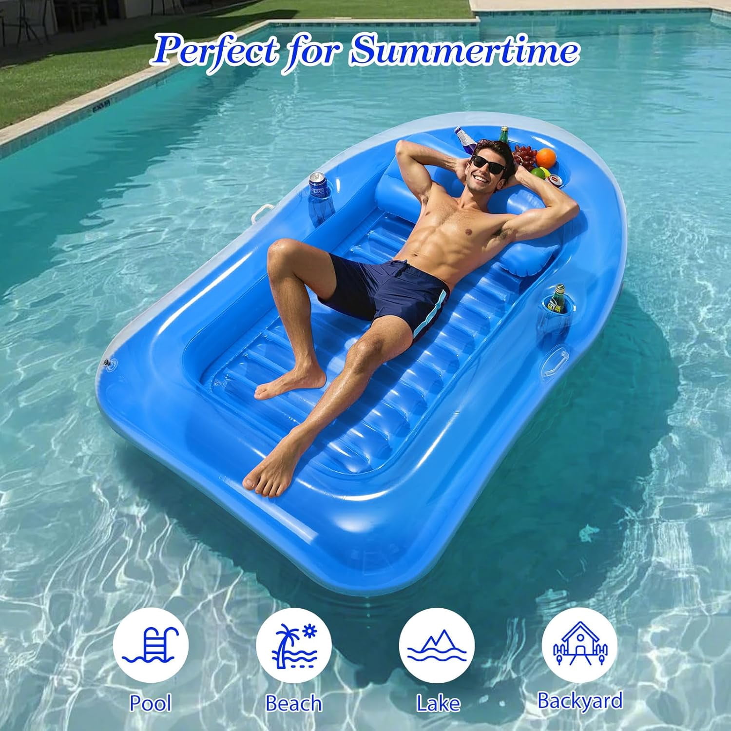 Pool Floats Adult, Large Floating Bed with Ice Bar, Tanning Bed Pool Raft Inflatable Lounger with Drink Holder Tanning Chair Inflatable Pool Toys for Party Beach Backyard
