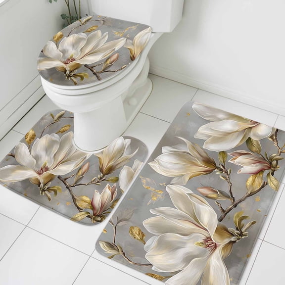 White Magnolia Floral Bathroom Rugs Set Golden Luxury Leaf Modern Gray Non Slip Absorbent Soft Bath Mats 3 Piece Set with Bathroom Rug, U-Shaped Floor Mat, Toilet Seat Cover Large Size