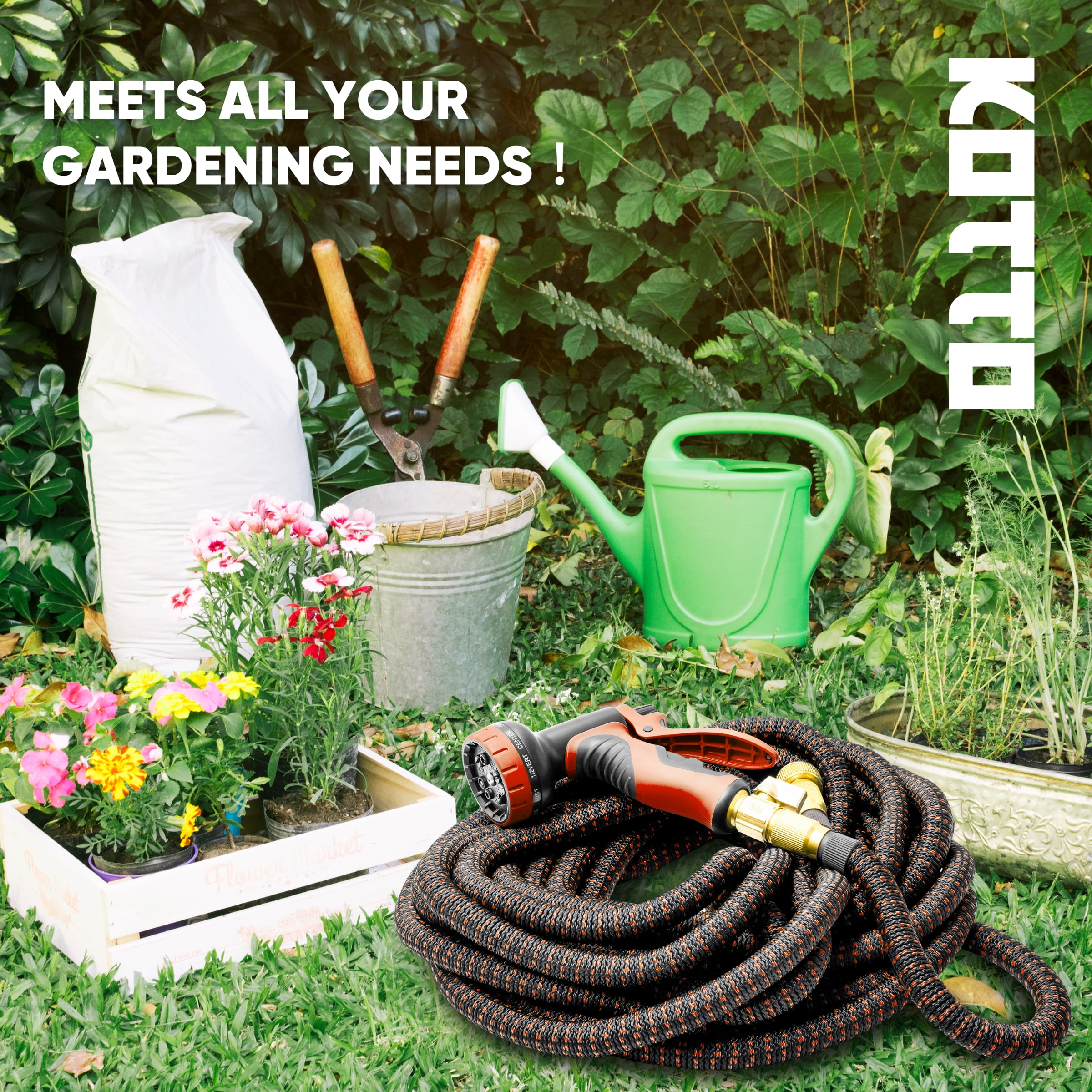 Kotto 50 ft Flexible Garden Hose, Water Hose for Outside with 10 Spray Nozzles, Brass Connector, Leak-Proof, Red
