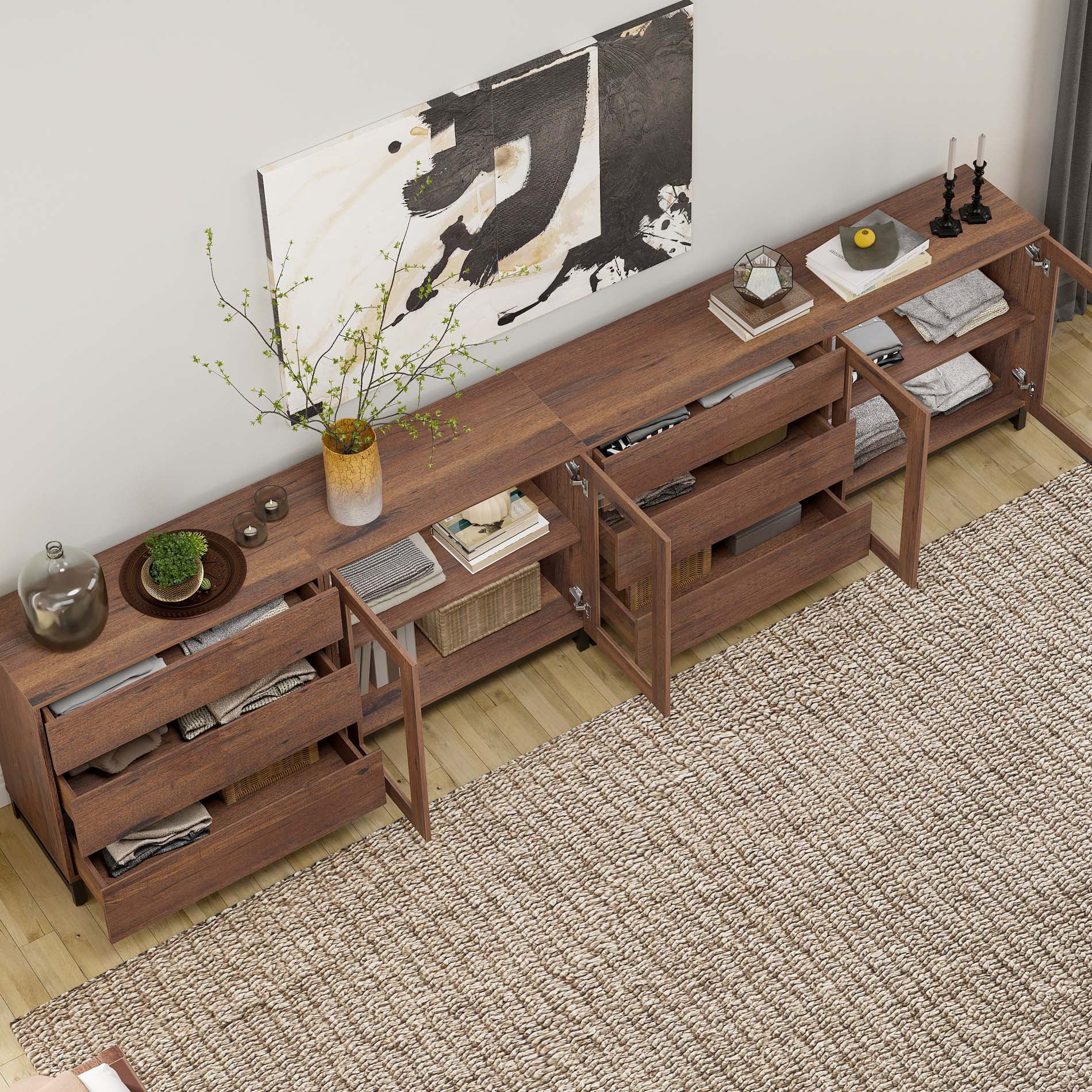 4 In 1 Modern Dresser with Glass Doors & 6 Drawers, Chest of Drawers with Adjustable Shelves, Multi-purpose Bedroom Closet Organizer Storage Cabinet,Brown