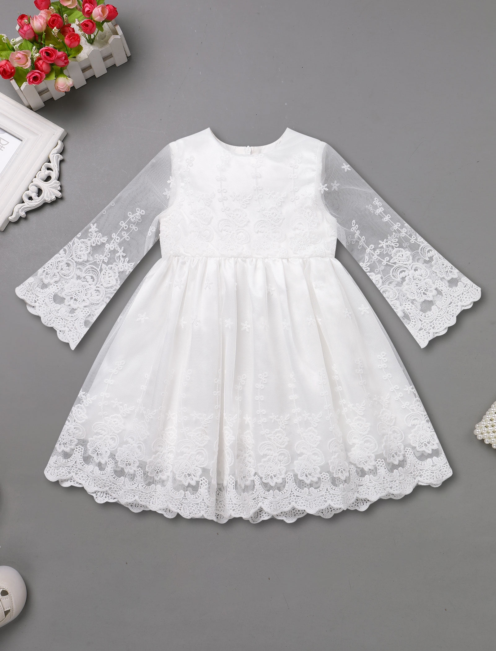 FYMNSI Baby Christening Dress White Baptism Gowns for Girl Infant Lace Long Sleeve Tulle Outfits 9-12 Months