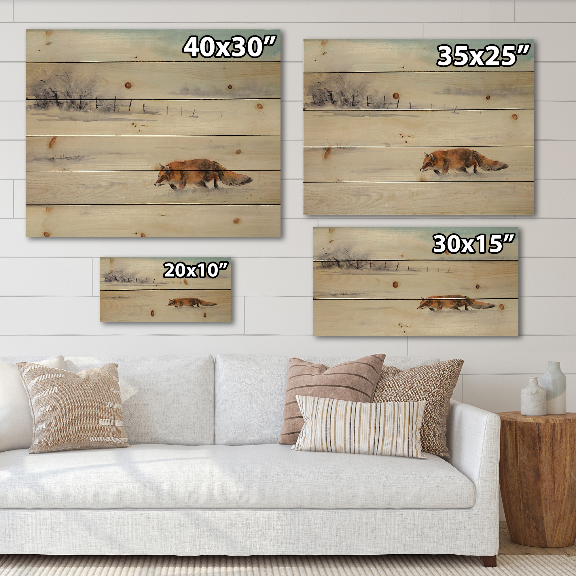 Designart 'Red Fox Running In White Snow in Countryside I' Farmhouse Print on Natural Pine Wood