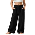 thumbnail image 3 of akafmk Summer Girls Pants Linen Look Wide Leg Drawstring Pants Elastic Waist Lightweight Casual Homewear Trousers with Pockets, 3-14 Years, 3 of 7