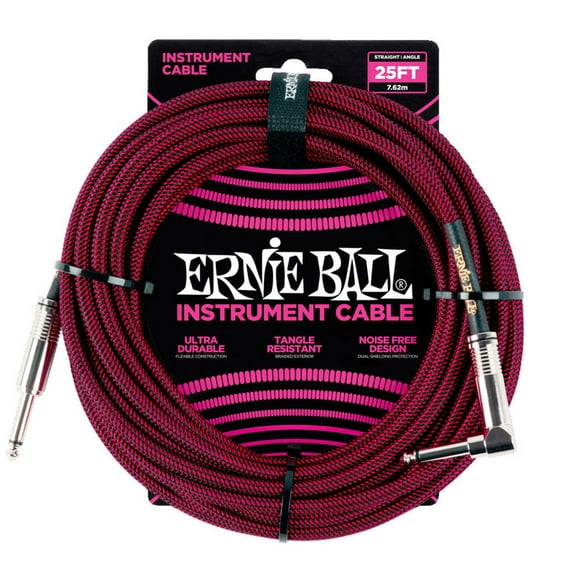 Ernie Ball Câble d'Instrument Tressé - 1/4" TS à Angle Droit 1/4" TS, 25', Noir/rouge