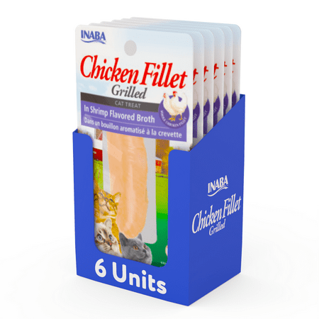 INABA Premium Hand-Cut Grilled Chicken Fillet Cat Treats w Vitamin E  0.9 oz  6-Pack  Shrimp Broth (BB 10/1/25)