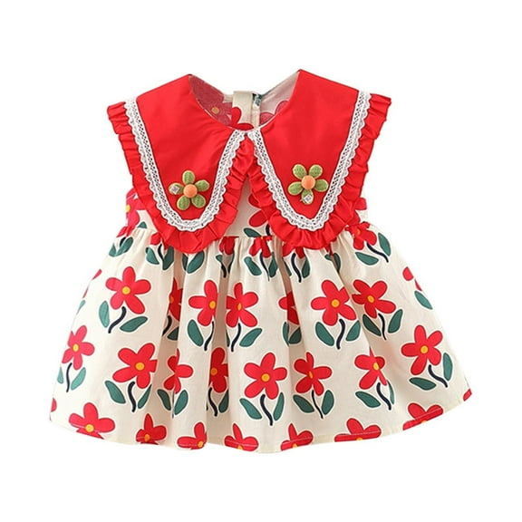 Zwiiyzr Toddler Girl Summer Dress Baby Cute Lace Large Lapel Floral Print Vest Dress for 6 Months-3 Years Baby Clothes Red