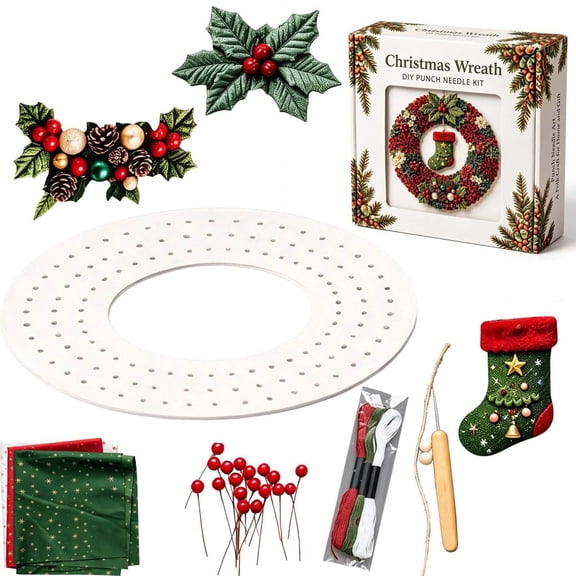 PSVFUJZ 3D Fabric Poke Wreath DIY Kit, Christmas Wreath DIY Kit for Adults, Beginner Friendly Holiday Craft Set, Soft Fabric Handmade Decor for Front Door Wall Window Fireplace Christmas Gift, C