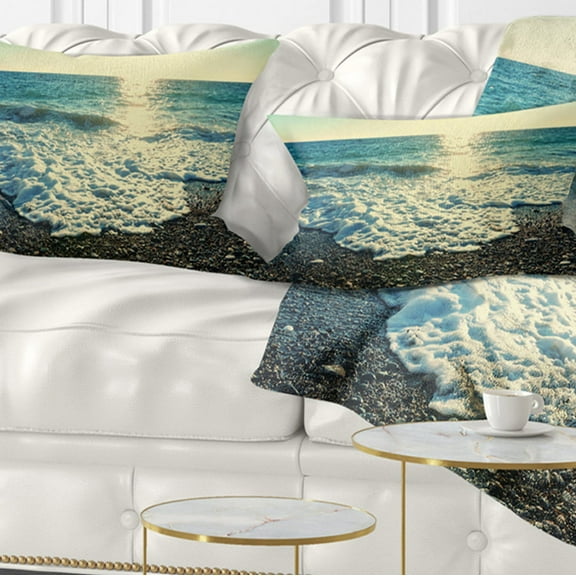 Designart Dramatic Blue Waves on Beach - Seashore Throw Pillow - 12x20