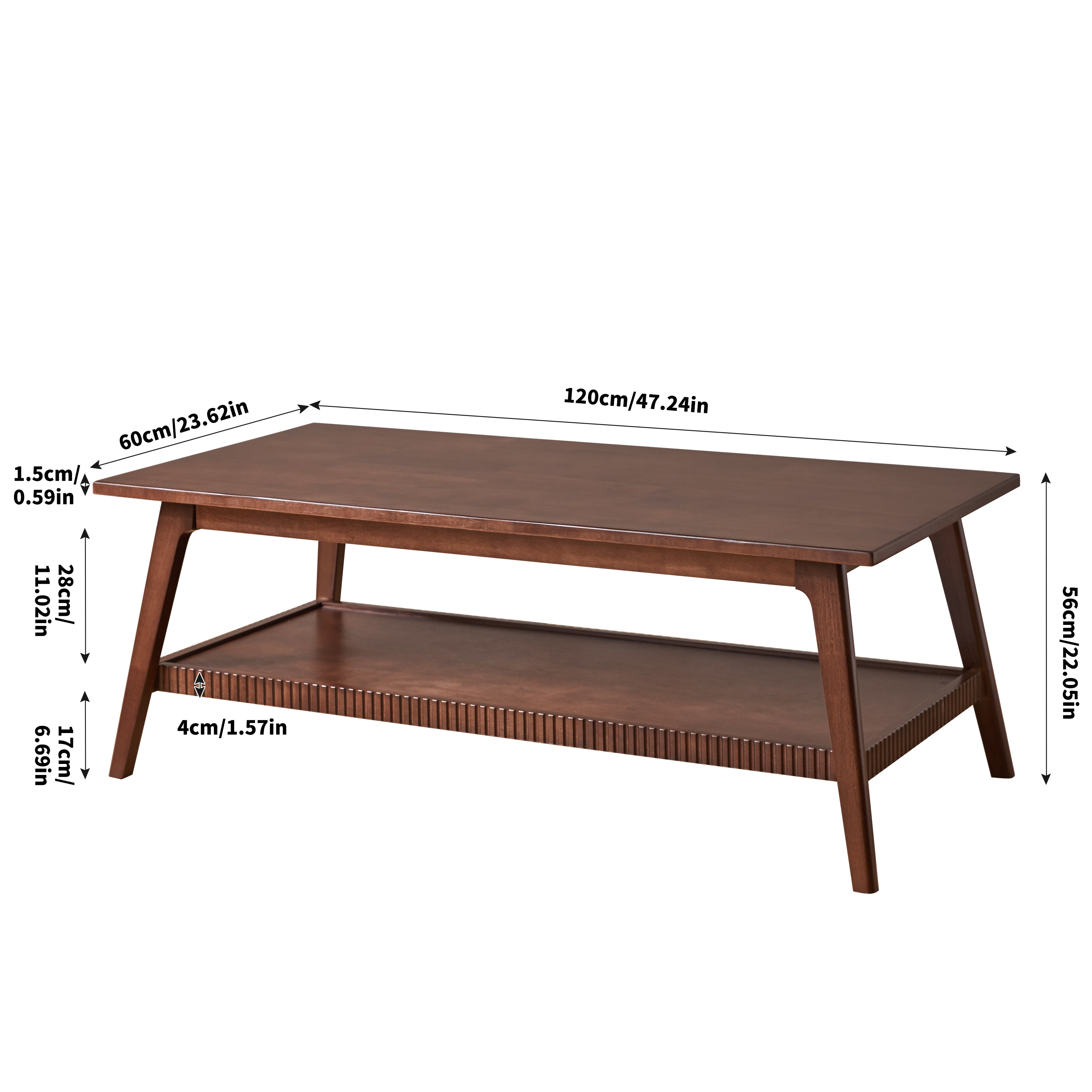 Solid Wood Coffee Table with Lower Storage Shelf, Walnut, 47.24 in x 23.62 in x 17.52 in