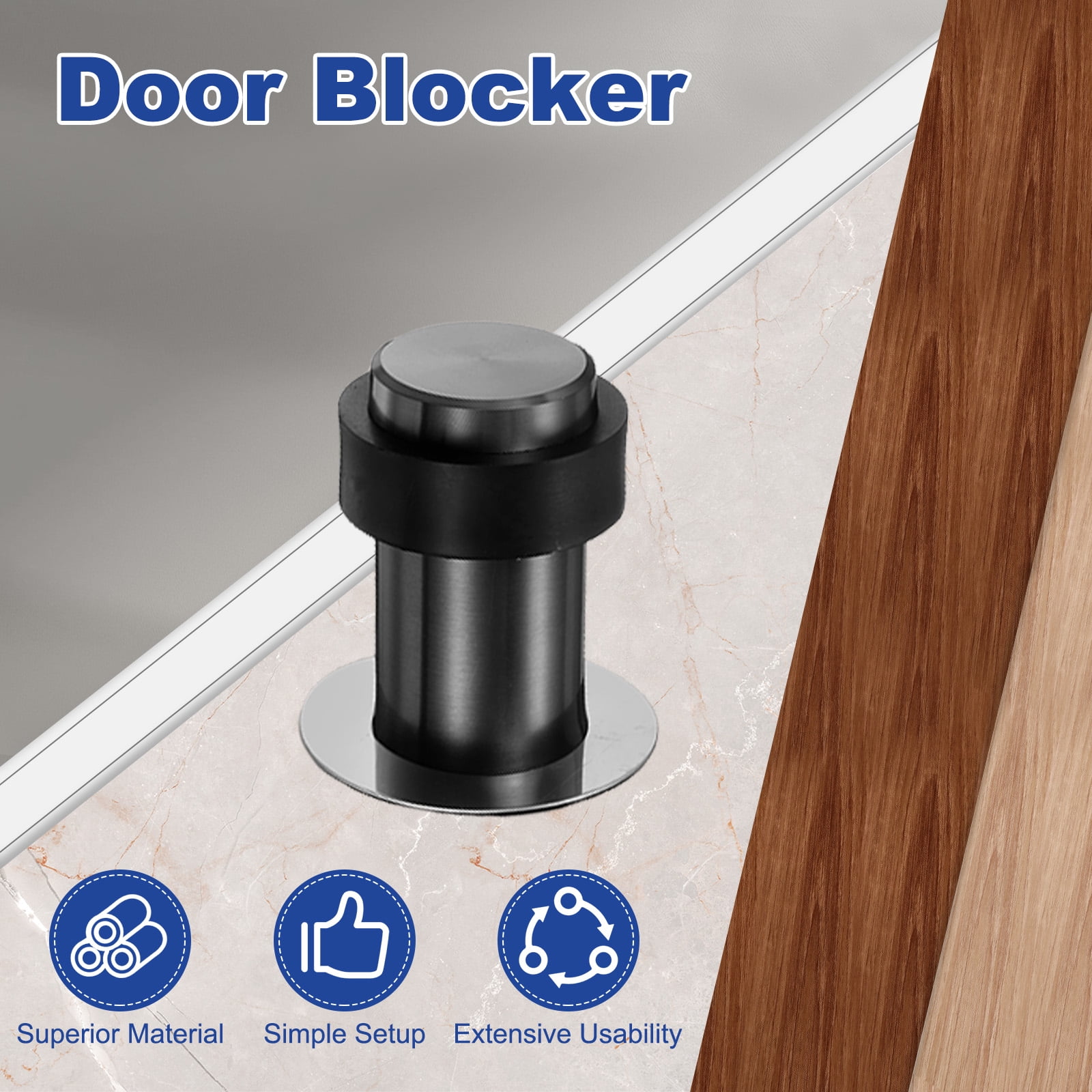 Uxcell 2Set Cylindrical Door Stopper, 2.5" Height Rubber Bumper Floor Door Stop, Stainless Steel Wall Floor Mount Decorative Wall Protector with Screw for Bottom of Doors, Bedrooms, Black