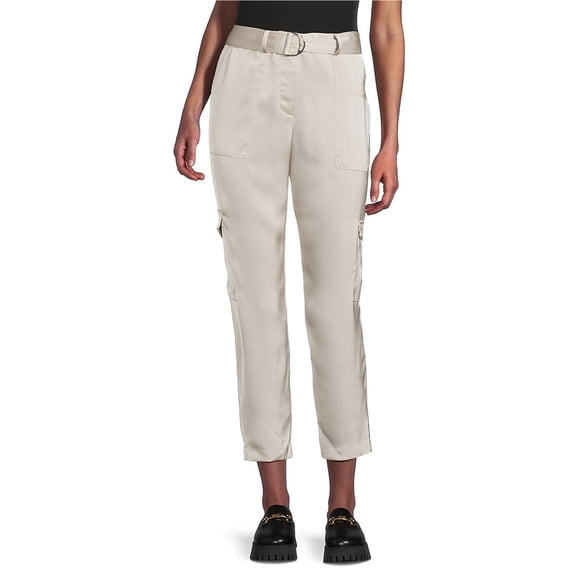 Calvin Klein Womens Satin Belted Casual Cargo Pants, beige, 10