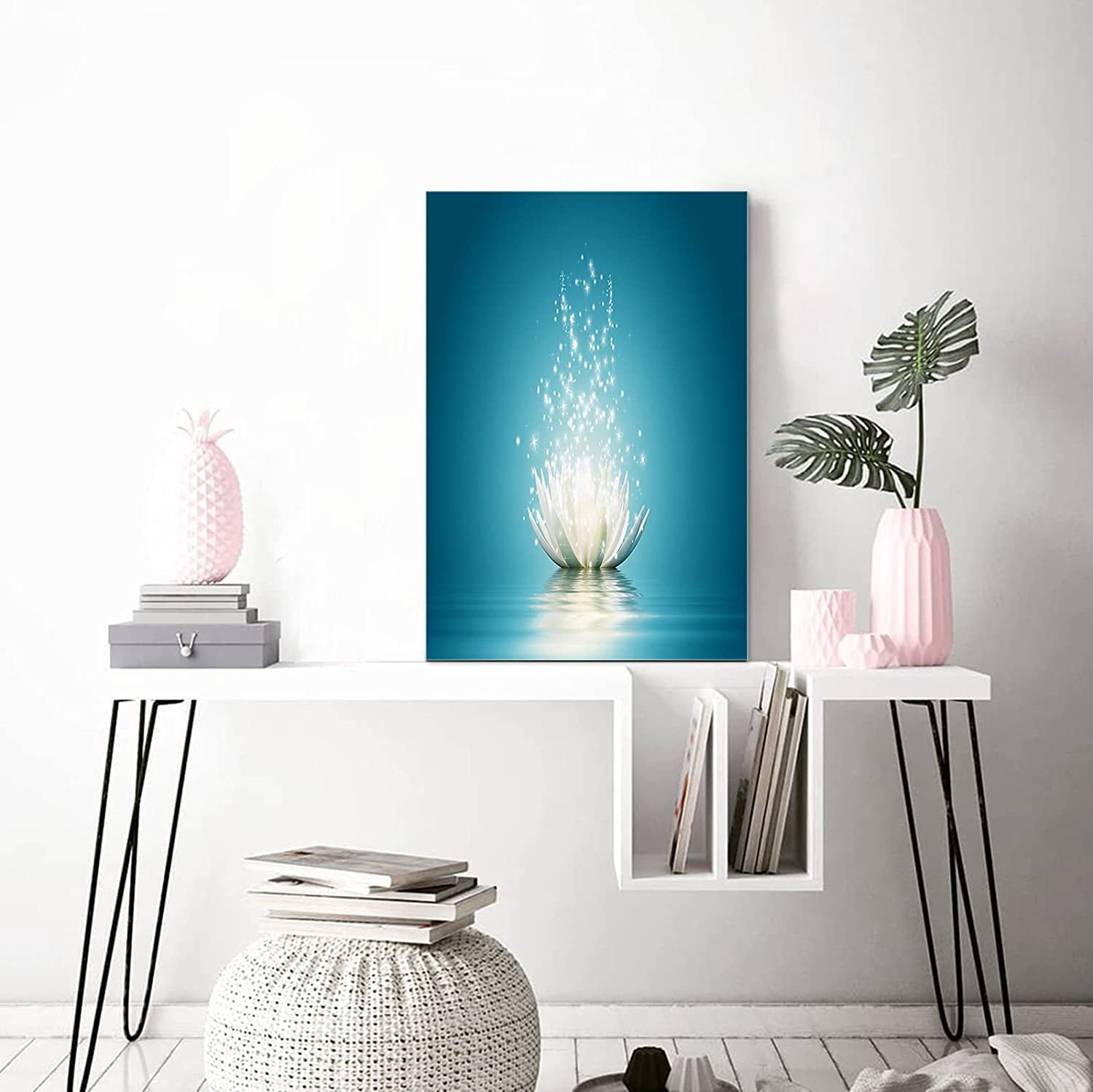 Teal Lotus Flower Canvas Wall Art Turquoise Decor for Bedroom Bathroom Abstract Picture Print Painting,Framed Artwork for Living Room,Office 12"Wx18"L