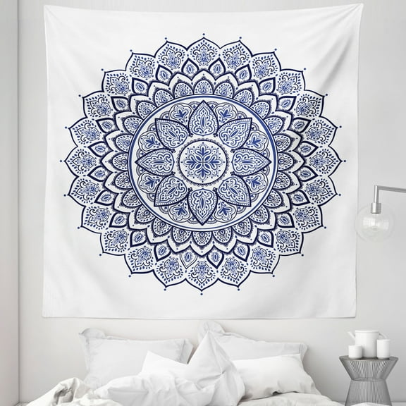 Blue Mandala Tapestry, Detailed Intricate Meditative Floral Inspired Circular Motif Pattern, Fabric Wall Hanging Decor for Bedroom Living Room Dorm, 5 Sizes, Night Blue and White, by Ambesonne