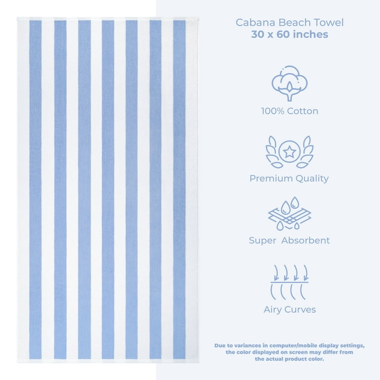 American Soft Linen Beach Towels, Cabana Striped 30x60 in., 100% Cotton, Pool Towel, Sky Blue