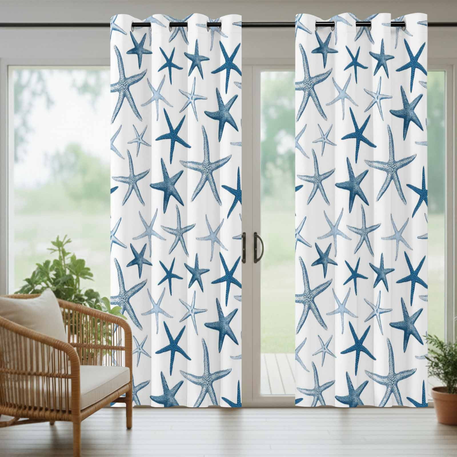Summer Marine Life Outdoor Curtains for Patio, Watercolor Blue Starfishes Ocean Landscape Sunshade Privacy Drapes Grommet Waterproof Outside Curtains for Porch/Cabana/Balcony 54"x 108", 1 Panel