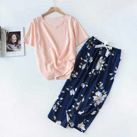 

Breathable 2PCS Pajama Short Sleeve Printed Pijama Mujer Femme Loose Nightwear Suit Female Casual Homewear Pajama Set For Women