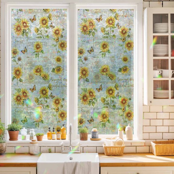 Farm Sunflower Butterfly on Retro Letter Window Privacy Film,Decorative Windows Static Cling Summer Leaves Heat Control Removable Glass Sticker for Home Bathroom Bedroom Window Door,17.7x39.3in