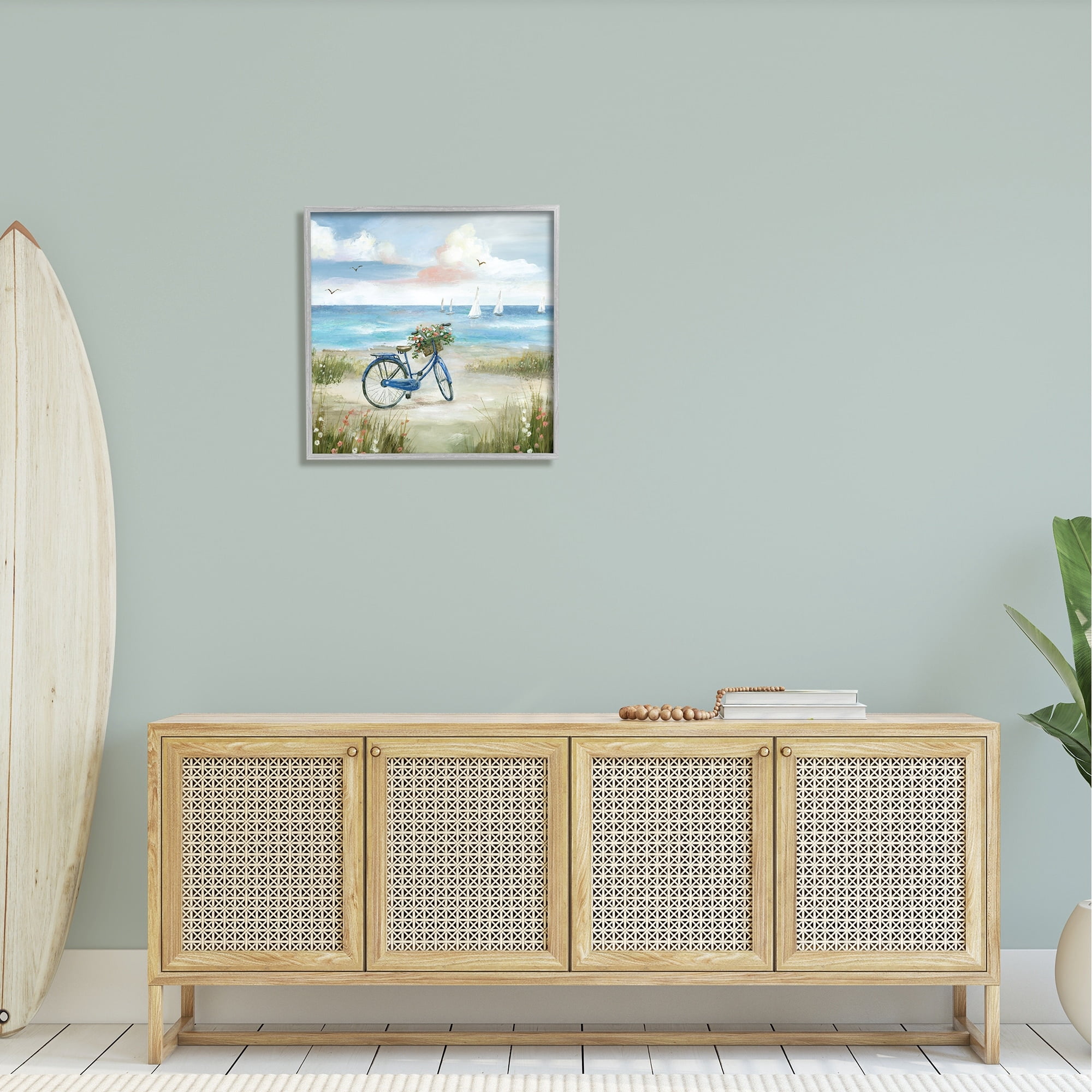 Stupell Industries Peaceful Bicycle Flower Basket Scenic Ocean Sailboats Painting Gray Framed Art Print Wall Art, Design by Nan