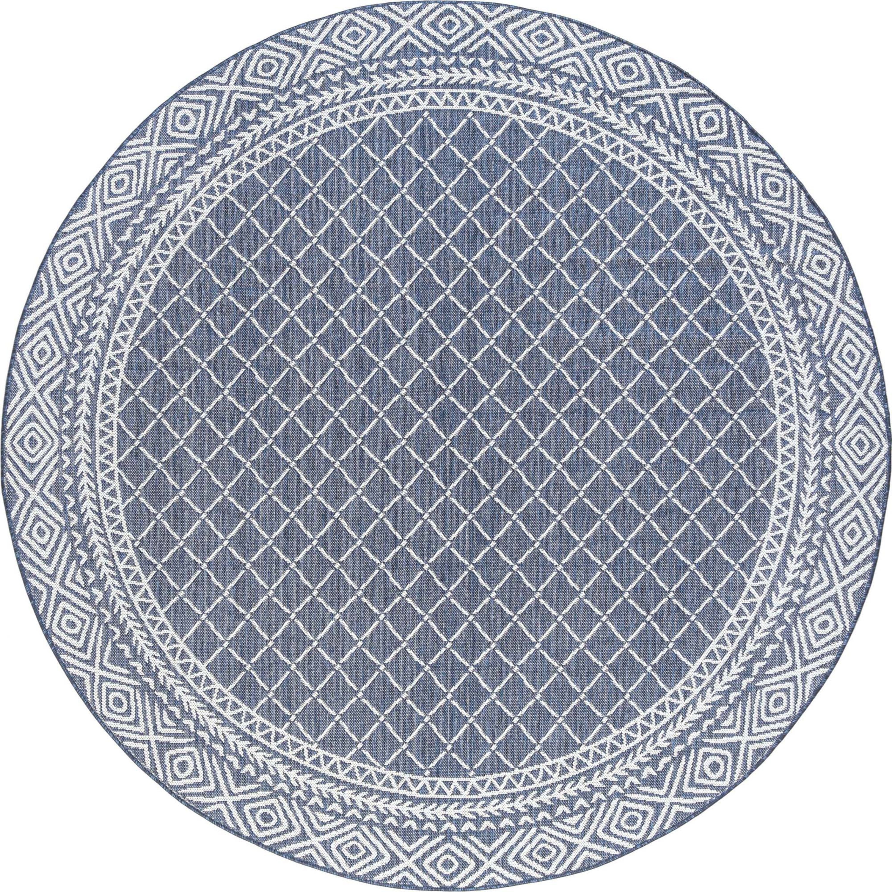 8ft Round Water Resistant, Large Indoor Outdoor Rugs for Patios, Front Door Entry, Entryway, Deck, Porch, Balcony | Outside Area Rug for Patio | Blue, Diamond | Size: 7'11'' Round