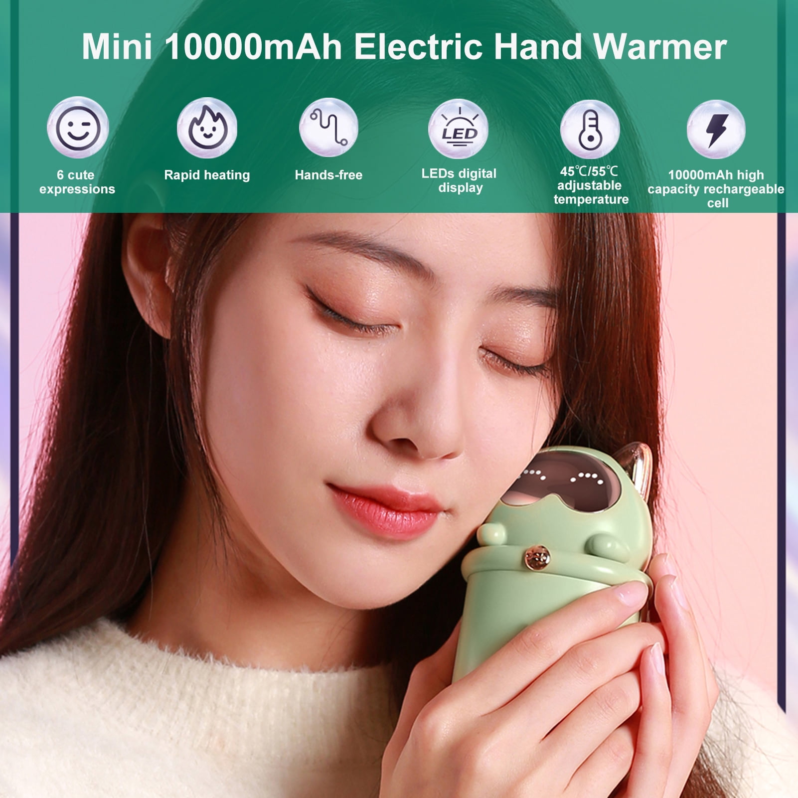 BIMZUC 10000mAh Electric Hand Warmer Rechargeable Portable Power Bank 2 Heating Levels 5.5 inches / 13.9 cm Green Handwarmer with LED Display and Adjustable Shoulder Strap for Outdoor Winter Gifts