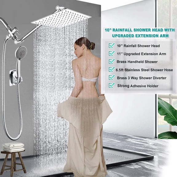 BELLEARLY 10'' Rain High Pressure Shower Head with 5 Settings Handheld Showerhead Combo