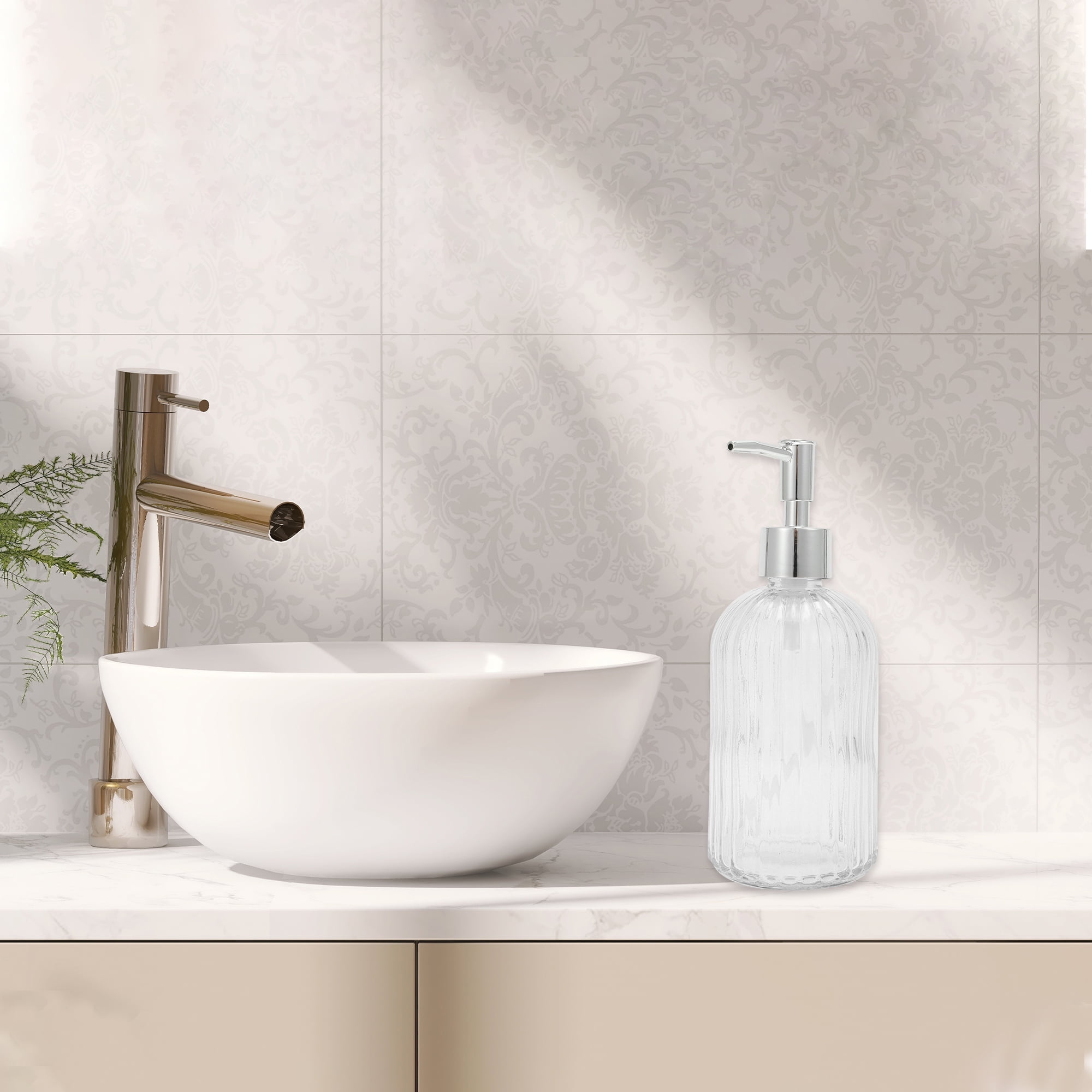 Unique Bargains Convenient Vertical Stripe Soap Dispenser 13.53oz 1 Pc Clear Silver