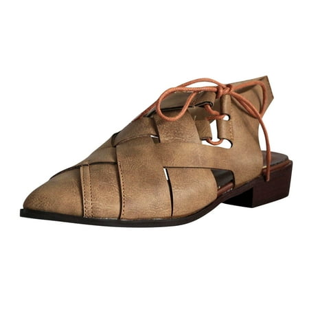 

Anuirheih Women s Casual Hollow Side Lace Up Leather Woven Back Low Heel Roman Sandals Sandals Women Clearance(Beige)