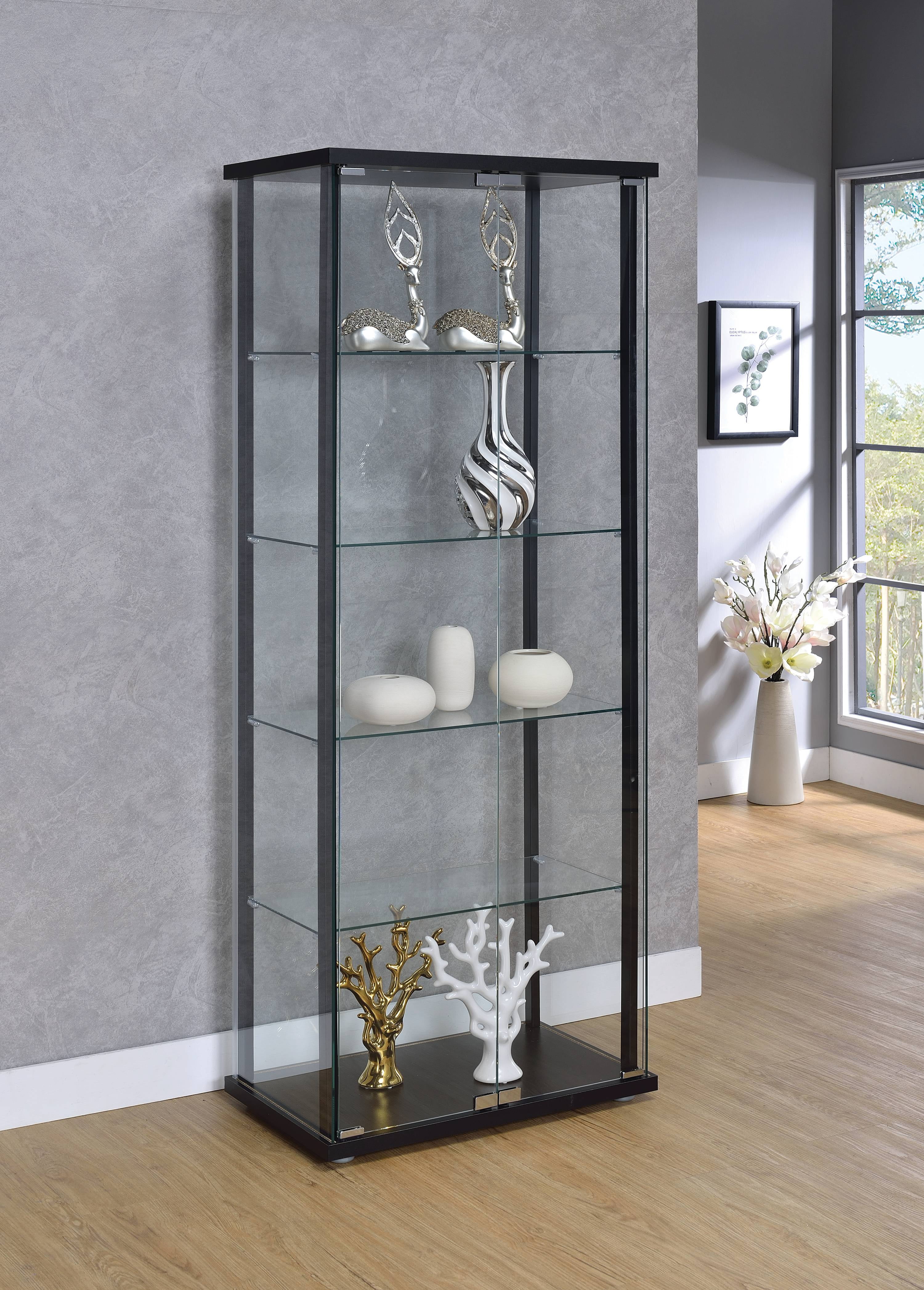 Curio Storage Display Tall Tower Cabinet Black With Four Glass Shelves Furniture 