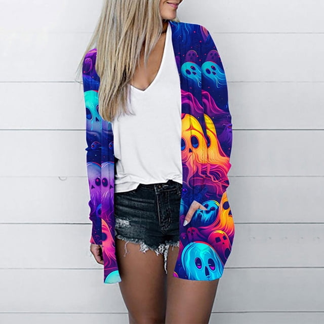 LOVZFMLL Cardigan pour Femmes Cardigan à Manches Longues Veste Ample Imprimé Fantôme d'Halloween Veste Haut Cardigan