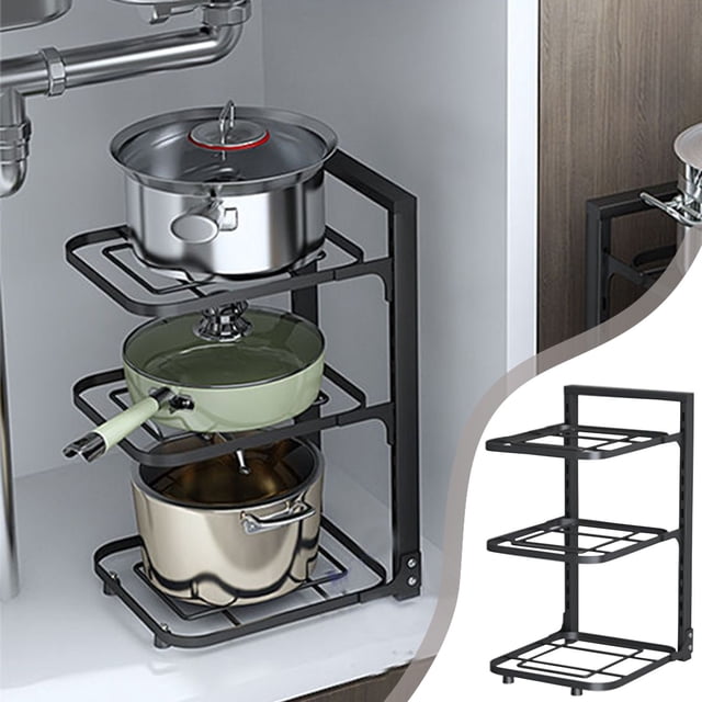 Kitchen Pot Storage Rack, Multi Tier Organizer, Under Sink Cabinet, Adjustable Shelves, Space Saving Solution, Vertical Storage, Durable Steel Construction